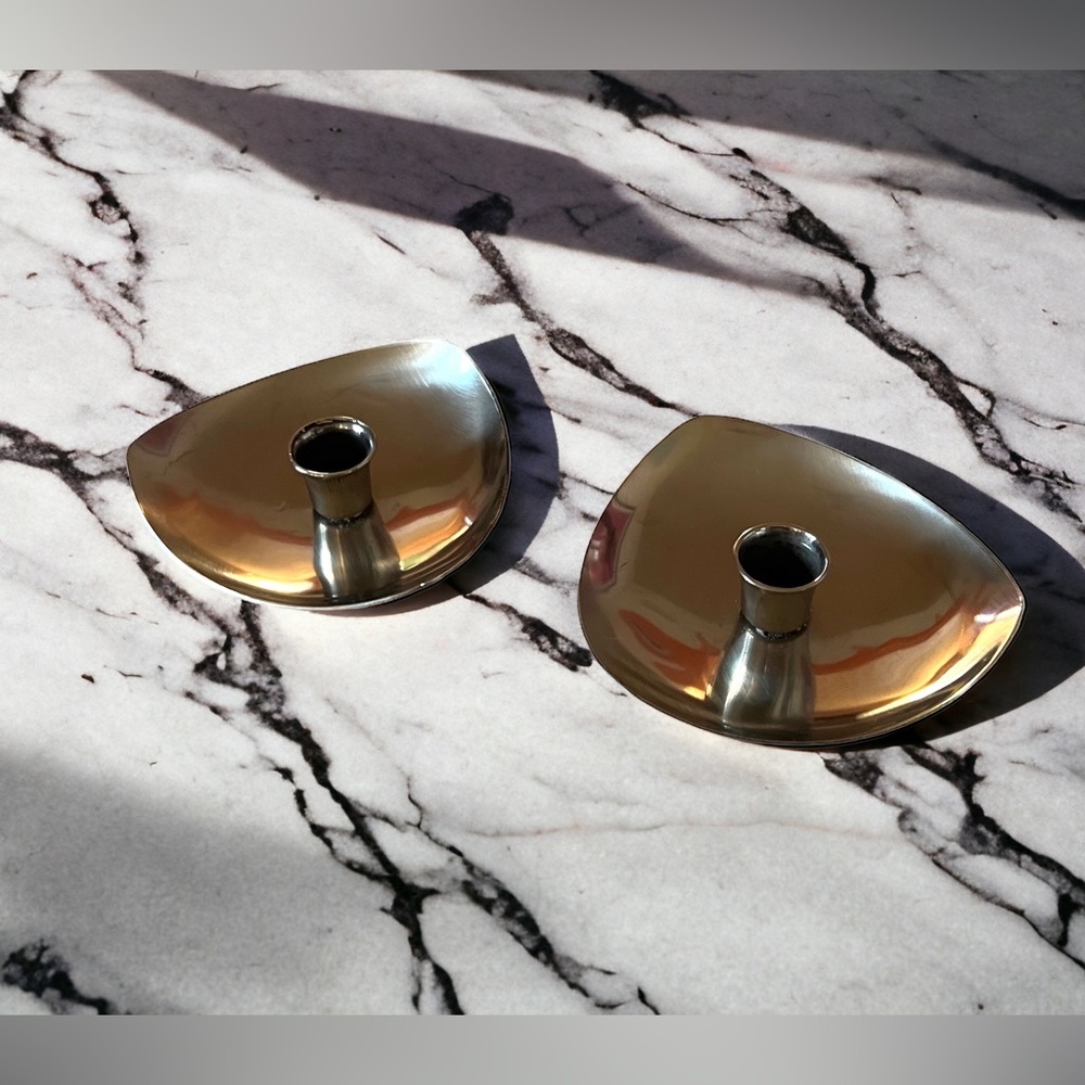 VTG Danish Mid Century 18/8 Stainless Taper Candleholder Pair Minimalist Mod